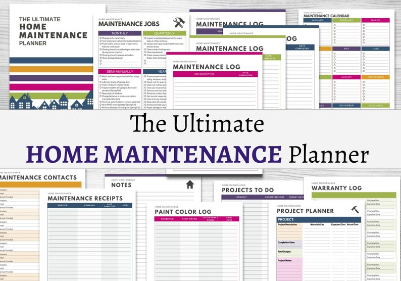 May include: The Ultimate Home Maintenance Planner printable set includes forms for tracking maintenance jobs, receipts, contacts, notes, projects, warranties, and a calendar. The planner features a colorful design with a house icon and the text "The Ultimate Home Maintenance Planner".
