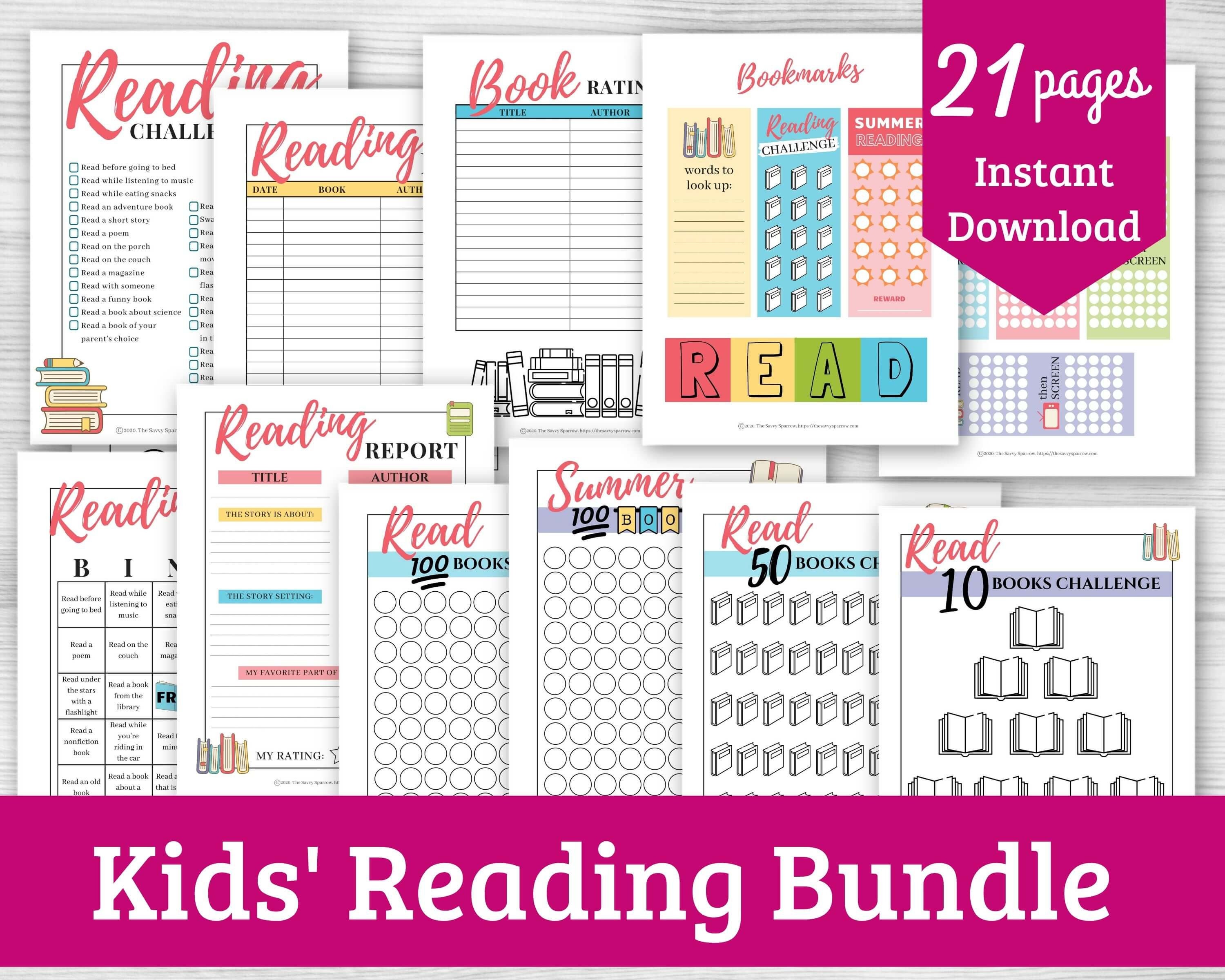 Printable Reading Challenges for Kids 21 Page PDF File Reading BINGO, Reading Trackers, 100 Book ...