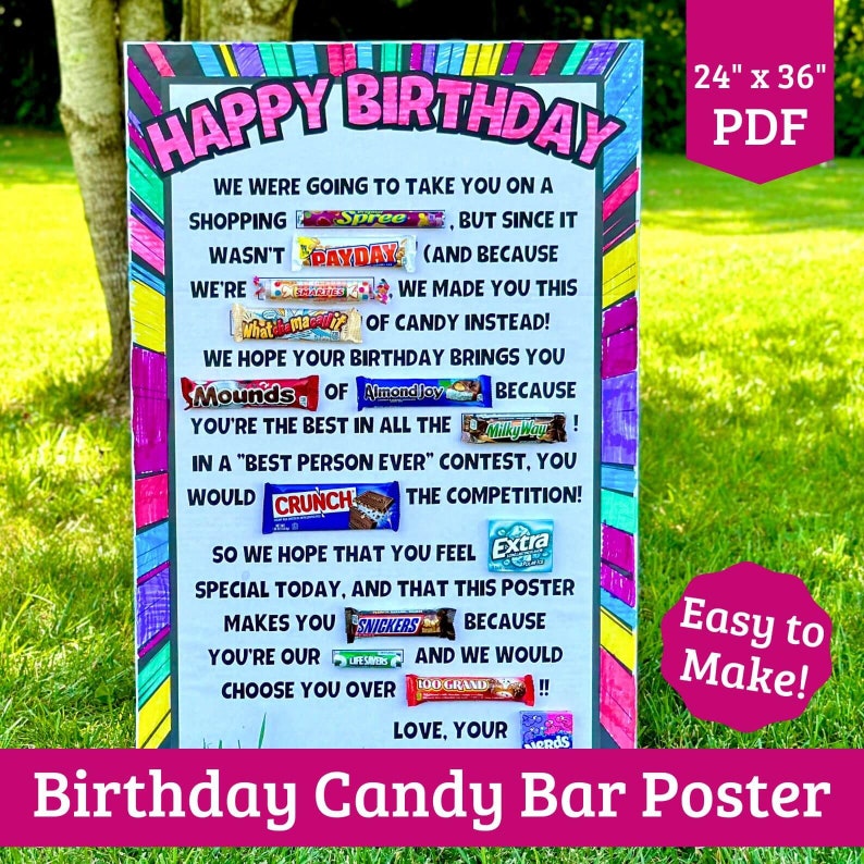 birthday candy poster that is brightly colored with candy bars glued on a poster board