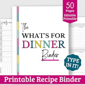 Recipe Binder and Meal Planner Printable - Fillable Recipe Binder PDF and Meal Planning Templates