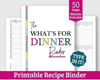 Printable Recipe Binder – Fillable Meal Planner, 50 Page PDF