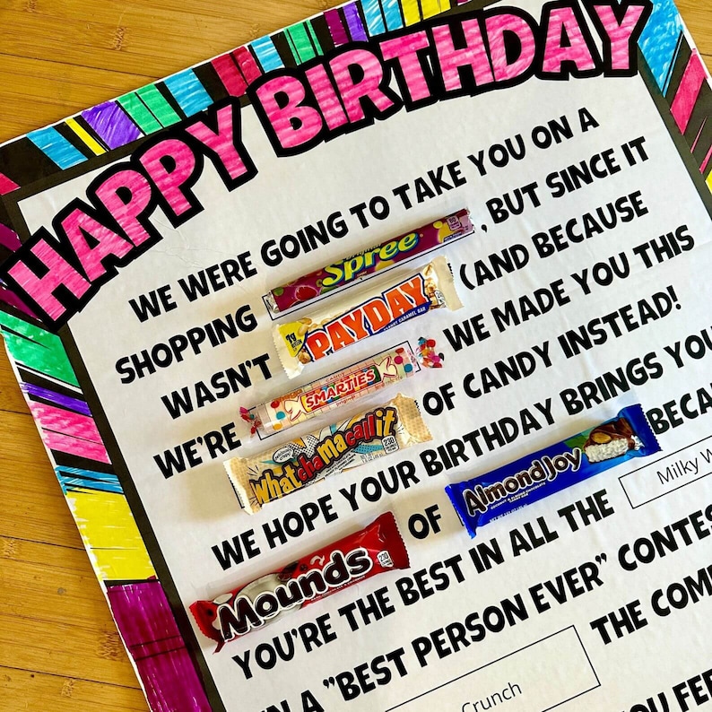 May include: A colorful birthday card with the text "Happy Birthday" and a message about candy instead of shopping. The card features a variety of candy bars, including Payday, Smarties, Mounds, Almond Joy, and Milky Way.