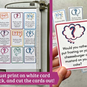 May include: A set of printable would you rather cards with a variety of silly questions. The cards are pink, blue, and yellow with a question mark in a thought bubble. One card reads "Would you rather put frosting on your cheeseburger or mustard on your cake?"