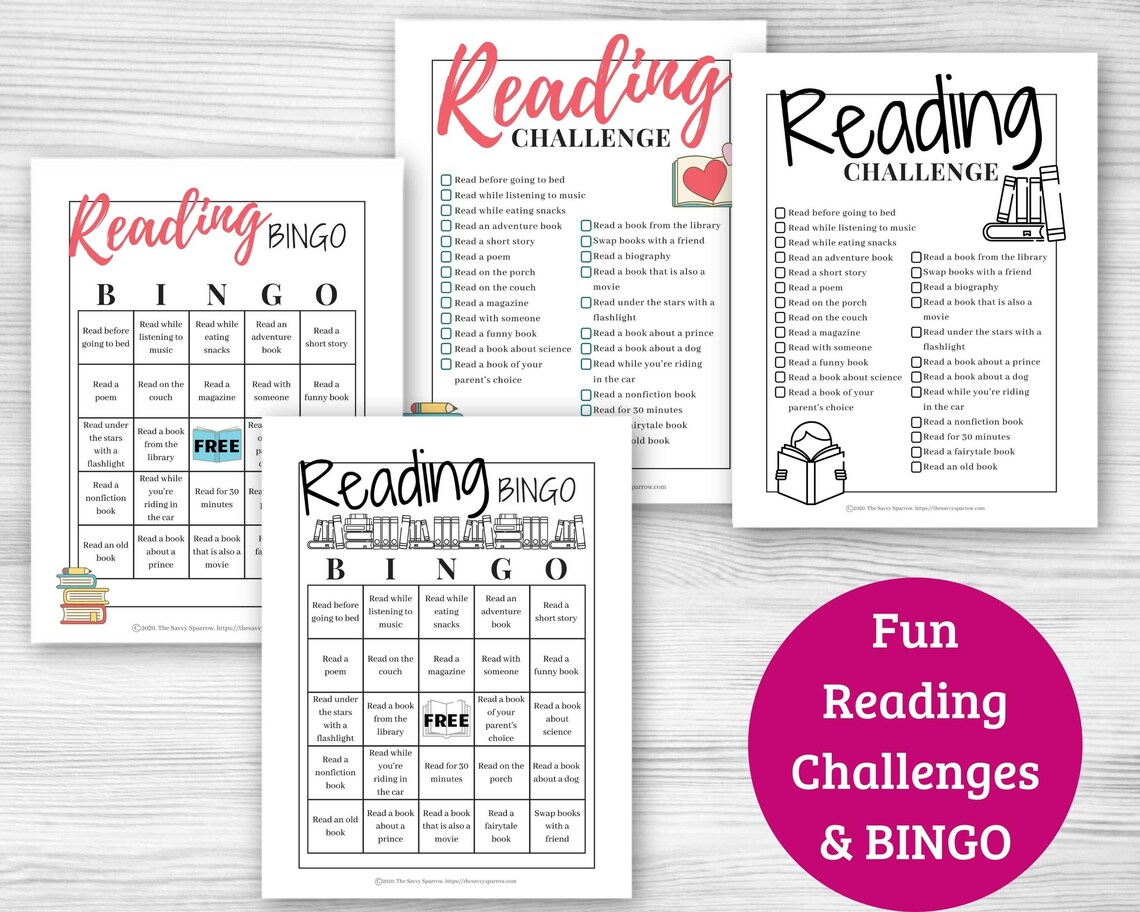 Printable Reading Challenges for Kids - 21 Page PDF File - Reading BINGO, Reading Trackers, 100 ...