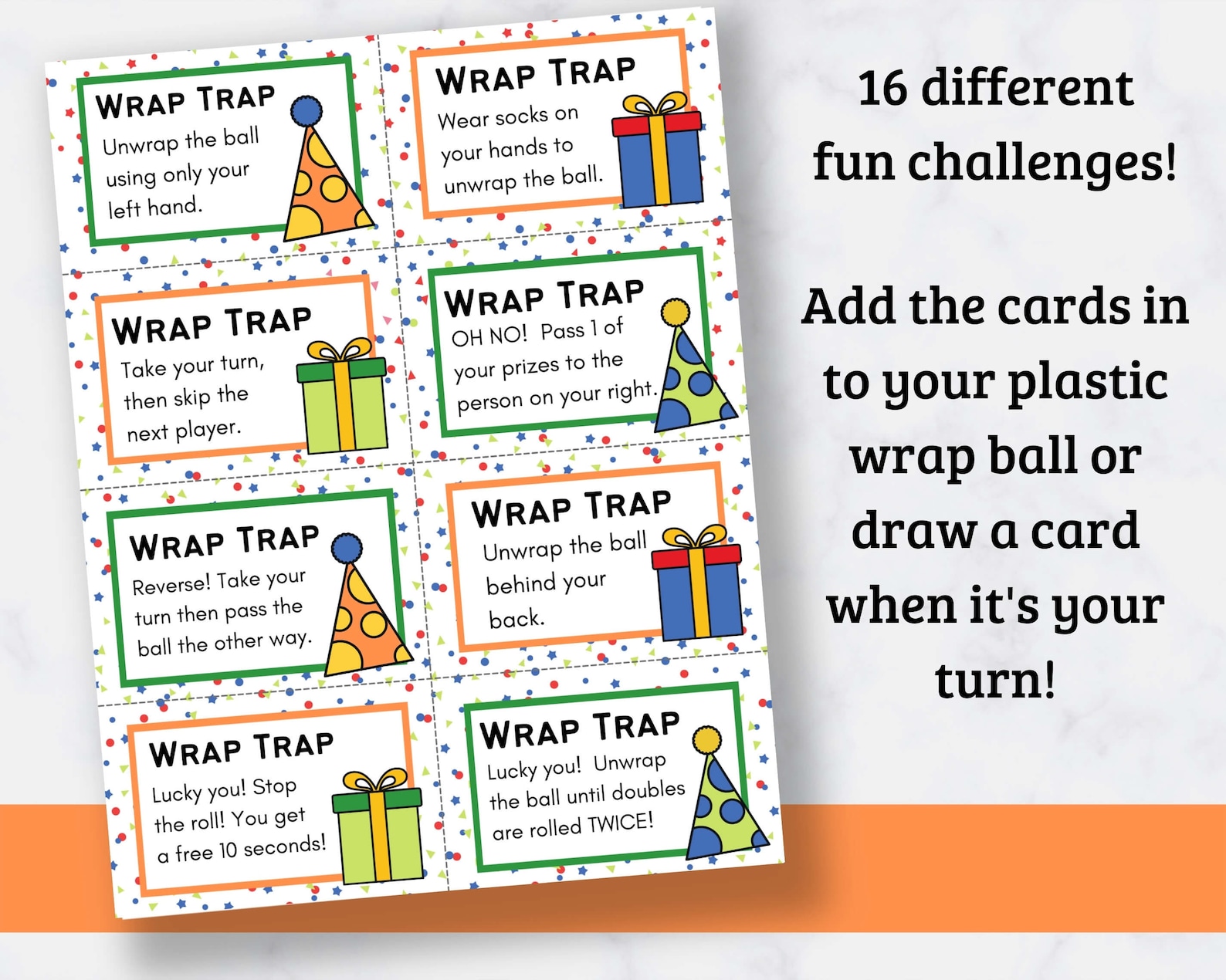 Printable Saran Wrap Ball Game Challenge Cards birthday Edition