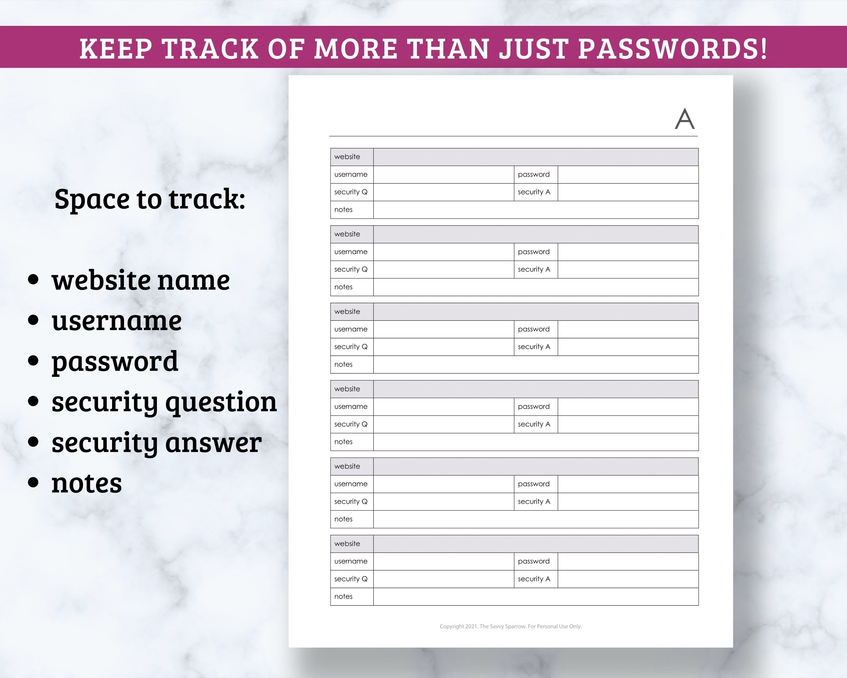 Password Tracker Printable - Password Keeper Fillable PDF - Organize ...