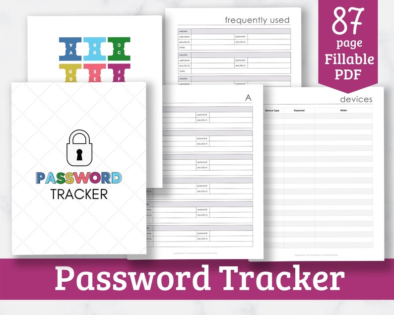 Password Tracker Printable - Password Keeper Fillable PDF - Organize ...