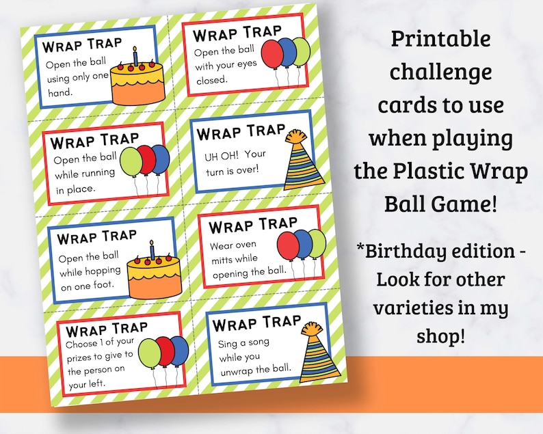 Printable Saran Wrap Ball Game Challenge Cards birthday Edition