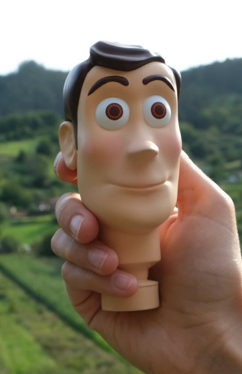 May include: A Woody figure head, featuring a tan complexion, brown hair, and large, expressive eyes. The figure is held in a hand against a blurred green background, evoking a sense of nostalgia and play.