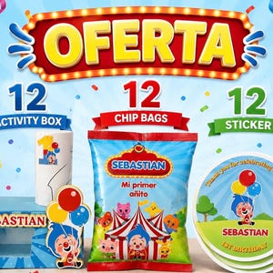 May include: A party supplies set featuring a blue box, a white cylinder, a bag of chips, and stickers, all with a clown theme. The text "OFERTA" is displayed at the top, with "12" for each item. The chip bag says "Mi primer a&ntilde;ito".