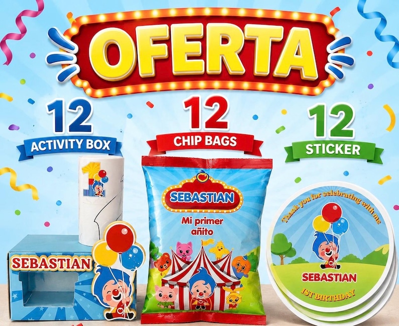 May include: A party supplies set featuring a blue box, a white cylinder, a bag of chips, and stickers, all with a clown theme. The text "OFERTA" is displayed at the top, with "12" for each item. The chip bag says "Mi primer a&ntilde;ito".