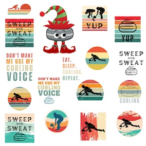 Sports de curling, graphismes pour bigoudi, illustrations de curling rock, ensemble de cliparts numériques imprimables SVG PNG, elfe de Noël des roches de curling