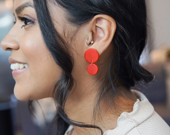Red Earrings with Clip-on Non Pierced Ears/ Clay Drop Earrings / Polymer Clay Earrings Handmade / Minimalist Jewelry