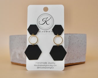 Modern Clip On Earrings Black Large Dangle Earrings Birthday Gift for Best Friend Gothic Earrings Handmade Polymer Clay Arch Earrings