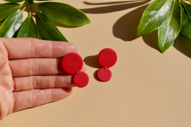 Red Earrings with Clip-on Non Pierced Ears/ Clay Drop Earrings / Polymer Clay Earrings Handmade / Minimalist Jewelry image 3