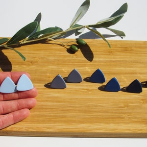 Blue Clip-on Earrings / One Pair of Minimalist Triangle Earrings / Handmade Polymer Clay Studs for Non Pierced Ears image 3
