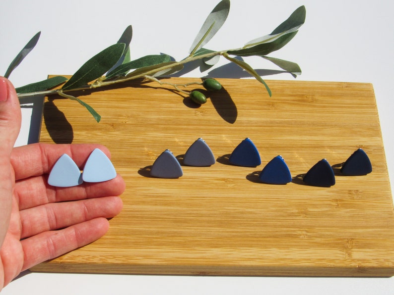 Blue Clip-on Earrings / One Pair of Minimalist Triangle Earrings / Handmade Polymer Clay Studs for Non Pierced Ears image 3