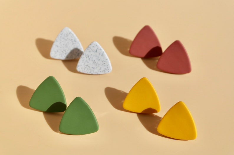 Minimalist Triangle Earrings in Yellow, Green, Terracotta and Grey / Simple Geometric Earrings / Clip On Earrings image 1
