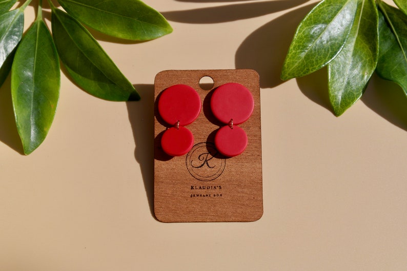 Red Earrings with Clip-on Non Pierced Ears/ Clay Drop Earrings / Polymer Clay Earrings Handmade / Minimalist Jewelry image 5