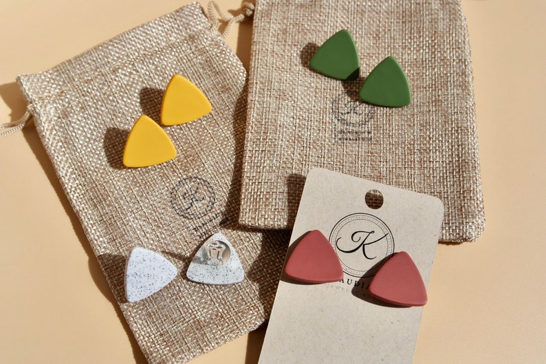 Minimalist Triangle Earrings in Yellow, Green, Terracotta and Grey / Simple Geometric Earrings / Clip On Earrings image 3