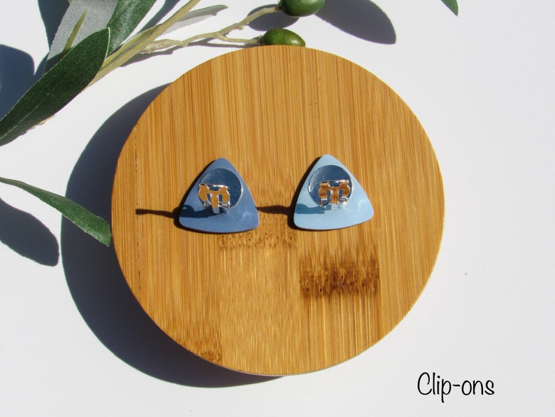 Blue Clip-on Earrings / One Pair of Minimalist Triangle Earrings / Handmade Polymer Clay Studs for Non Pierced Ears image 5