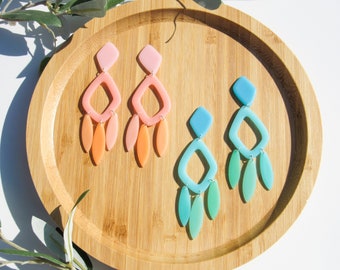 Bright, Slightly Translucent Clip-on Earrings, Lightweight Modern Dangle Earrings Handmade using Polymer Clay