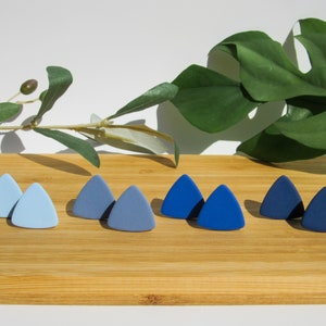 Blue Clip-on Earrings / One Pair of Minimalist Triangle Earrings / Handmade Polymer Clay Studs for Non Pierced Ears image 1