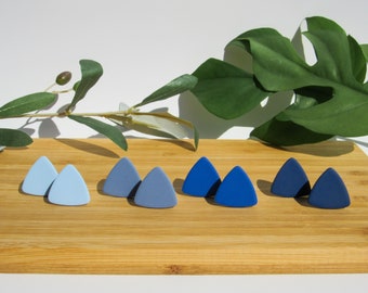 Blue Clip-on Earrings / One Pair of Minimalist Triangle Earrings / Handmade Polymer Clay Studs for Non Pierced Ears