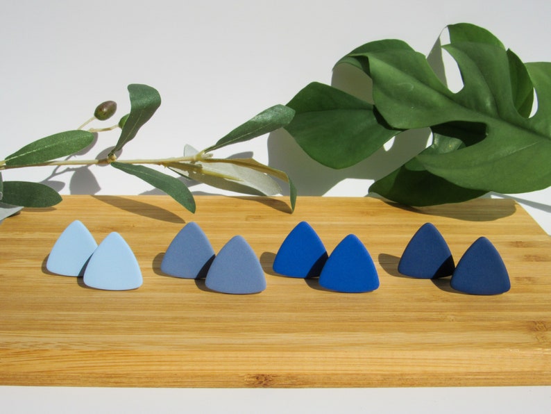 Blue Clip-on Earrings / One Pair of Minimalist Triangle Earrings / Handmade Polymer Clay Studs for Non Pierced Ears image 1