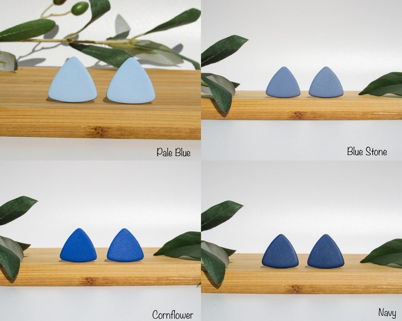 Blue Clip-on Earrings / One Pair of Minimalist Triangle Earrings / Handmade Polymer Clay Studs for Non Pierced Ears image 4