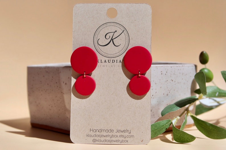 Red Earrings with Clip-on Non Pierced Ears/ Clay Drop Earrings / Polymer Clay Earrings Handmade / Minimalist Jewelry image 2