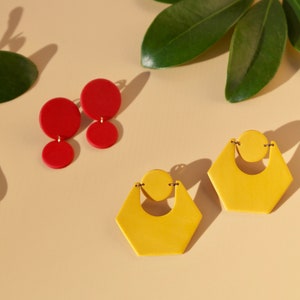 Red Earrings with Clip-on Non Pierced Ears/ Clay Drop Earrings / Polymer Clay Earrings Handmade / Minimalist Jewelry image 8