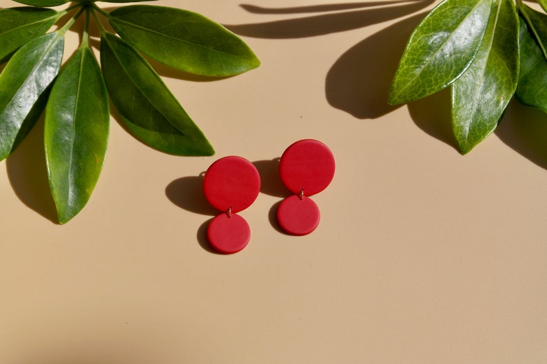 Red Earrings with Clip-on Non Pierced Ears/ Clay Drop Earrings / Polymer Clay Earrings Handmade / Minimalist Jewelry image 4