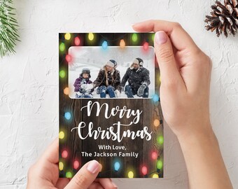 Christmas Lights Christmas Card with Photo Template Printable Xmas Card Photo Card Editable Merry Season Greetings Card Instant Access