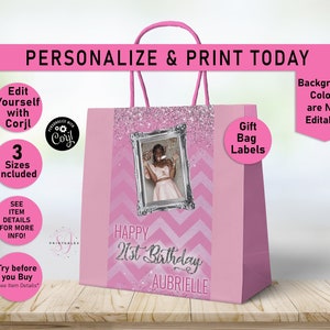 Shimmery Silver Glitter and Pink ANY AGE Birthday Gift Bag Label, Gift Bag Labels, Favor Bag label, Goodie bag, Sparkle, Birthday, Teen, Y21