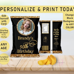 Birthday Gold Glitter and ANY COLOR Chip Bag Wrapper, Favors, Adult, Birthday, Chip label, Photo Birthday Chip Bag, Party, Printable, B26
