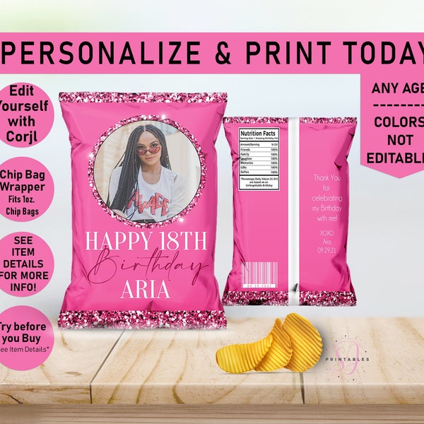 Pink on Pink Glitter ANY AGE Birthday EDITABLE Birthday Chip Bag Wrapper, Favor Bags, Photo Chip Bag, Adult, Woman, Sparkle, Glam, Teen, B30