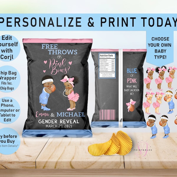 Free Throws or Pink Bows Gender Reveal Chip Bag,Basketball Gender Reveal Chip Bag Favor, Chip Bag Wrapper, pink blue, he she, girl boy,R05