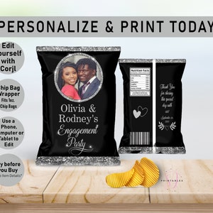 Engagement Party Chip Bag, Black and Silver Glitter Engagement Favor Bag, Engagement Favor Printable, Editable Chip Bag, Chip Wrapper, WW6