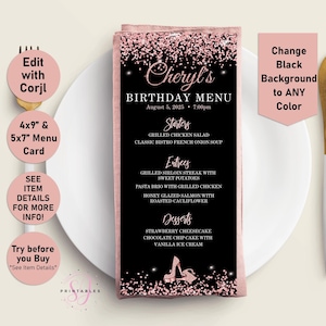 Stepping into ANY AGE Birthday EDITABLE Menu, Birthday Party Menu, Printable Menu, Birthday dinner menu, Rose Gold and any color, Y04