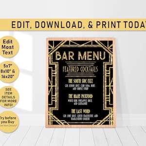 Editable BAR MENU Sign Printable Art, Gatsby Bar Menu, Gatsby Wedding Art Deco Menu Sign, Roaring 20s, birthday party, decoration, Gold, B20