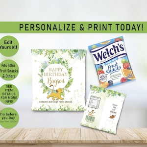 Puede incluir: Diseño de bolsa de regalo de fiesta imprimible con un tema de jungla con un personaje de león y el texto "Feliz cumpleaños Bryson". La bolsa está diseñada para contener bocadillos de frutas de 0,8 onzas.