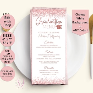 Rose Gold Glitter Graduation Menu, Graduation Party Menu, Rose Gold, Printable Menu template, Graduation dinner menu, Grad menu cards, G65