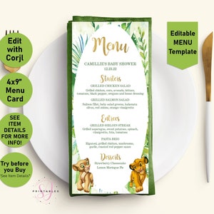 Simba Nala Lion King Gender Reveal menu, Menu, The Lion King Menu, Printable Menu template, baby shower menu card, Greenery, Gold, L04