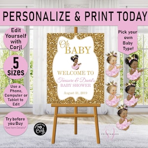 Princess WELCOME Sign, Oh Baby Shower Sign, Little Princess sign, Queen, sign, Gold, Pink, afro puffs, Girl, Printable Welcome Sign A01