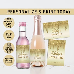 ANY AGE Gold Drip Glitter Mini Apple Cider Bottle Labels, Mini Wine Bottle Labels, Wine Labels,Champagne, Dripping, Teen, Birthday, T18