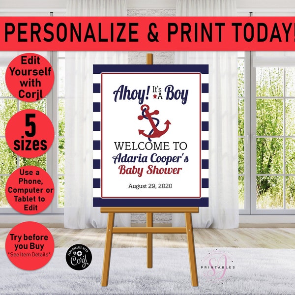 Nautical Baby Shower Welcome Sign, Ahoy its a boy Red Welcome Sign, Nautical Party, Decoration, Welcome Sign, Anchor, Baby Shower, Gold, N03