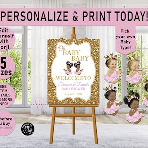 Twin Princesses WELCOME Sign, Oh Baby Baby Shower Sign, Little Princesses sign, Twins, Twin Girls, Gold, Pink, Printable Welcome Sign, A01t