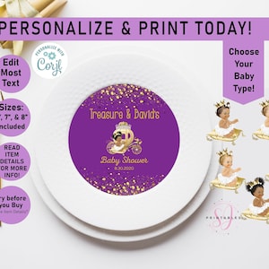 Royal Princess Carriage Baby Shower Charger Plate Insert, Purple and Gold EDITABLE Baby Shower Charger plate, 6", 7", 8" Insert, Girl, C05