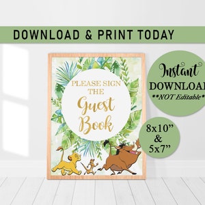 Lion King INSTANT DOWNLOAD Guestbook Sign, Sign the Guestbook Shower Sign, Guestbook Baby Shower Sign, Lion King, Simba, Printable, L01